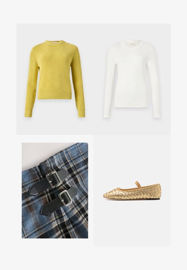 Stickad gul tröja med rund halsringning, långa ärmar, ribbade mudd och fåll. Strukturerat mönster över hela kroppen. Lämplig för lager-på-lager.; Långärmad vit t-shirt tillverkad av mjukt material, med rund halsringning och en figurnära silhuett. Minimalistisk design utan mönster eller detaljer.; Blå och brun rutig tyg med en mjuk struktur, utrustad med två svarta läderband med silverfärgade spännen för att fästa. Dragkedjor synliga.; Loeffler Randall LEONIE SOFT BALLET FLAT - Ballerinaskor med remmar - gold