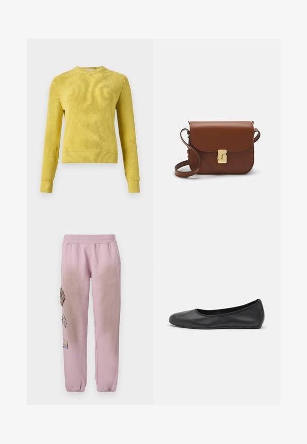 Geltona megztinė su apvaliu iškirpimu, ilgomis rankovėmis, raštuotomis rankogaliais ir apatine dalimi. Tekstūrinis raštas visame kūne. Tinka sluoksniavimui.; Balta trumpa rankovėmis marškinėliai, pagaminti iš pasiruošusio audinio. Apvali iškirptė, reguliari tinkamumas ir subtilūs siuvimo detalės. Be raštų ar grafikos.; Rožinės sportinės kelnės su elastinga juosta, kairėje pusėje dekoruotos rombo formos aplikacijomis ir elastingais užkulniais.; Juodai odiniai baletai su apvaliu pirštu, lygi texture, minimalus siuvimo detales ir lanksčiu padų dizainu.; Ruda odinė rankinė su uždaromu dangteliu, aukso spalvos detalėmis, petneša ir lygiu paviršiumi. Kompaktiška stačiakampio formos.