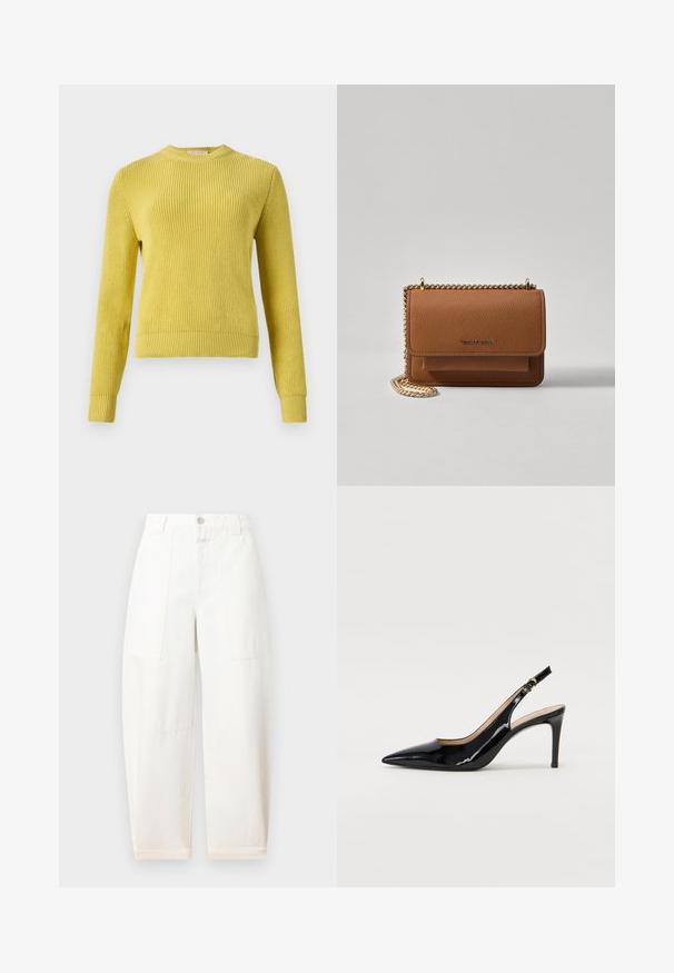 Kollane kudumisjakker, millel on ümar kaelus, pikad varrukad, soonikkoes mansetid ja alläär. Keha peal on tekstureeritud muster. Sobib kihitamiseks.; CLOSED RHANNON - Wide leg - ivory; Must hõbedavärvi patendiga slingback kontsakingad terava varbaga, kitsas konts ja peene lõikega disain. Statistika on kuldne pandla rihmal.; Pruun tekstureeritud nahk ristkeha kott kuldse ahelaga rihmaga ja klapiga sulgemine. Esiküljel on logo detail ja tasku klapi all.