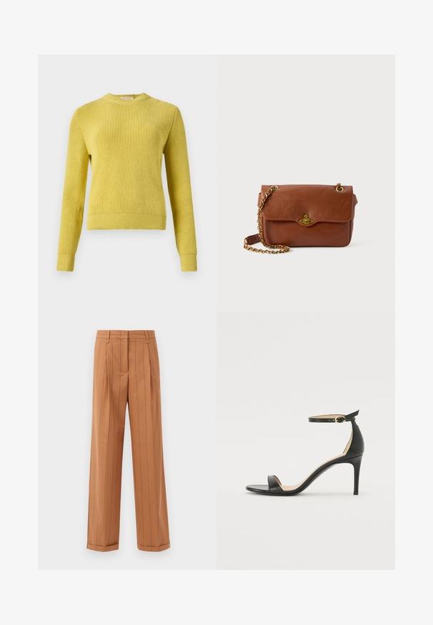 Kollane kudumisjakker, millel on ümar kaelus, pikad varrukad, soonikkoes mansetid ja alläär. Keha peal on tekstureeritud muster. Sobib kihitamiseks.; Pruuniribalised püksid, millel on kohandatud disain, pehme kangas, voldid, sirge lõige ja mansetiga hem. Valmistatud siledast materjalist.; Must musta kõrgete kontsadega sandaal, millel on pahkluule kinnituv rihm. Omab sileda tekstuuri, avatud varbaosa ning õhukest kontsa. Kuldtooniline pandla detail.; Pruunist nahast risti keha kott klapiga kinnitusega, kuldsetest detailidest ja ahelaga rihmast. Sile tekstuur, ristkülikukujuline kuju, minimaalsete detailidega.