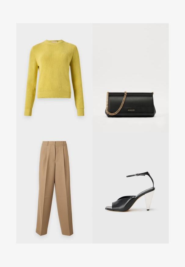 Żółty sweter robiony na drutach z okrągłym dekoltem, długimi rękawami, prążkowanymi mankietami i dołem. Wzór teksturowany na całej powierzchni. Doskonały do noszenia w warstwach.; Beżowe spodni z wysokim stanem, z przodem plisowanym i szerokimi nogawkami. Materiał wydaje się gładki z delikatnym połyskiem.; Czarne skórzane sandały na wysokim obcasie z odkrytymi palcami, asymetrycznym wzorem, paskiem w okolicy kostki oraz metalicznym obcasem w kształcie stożka. Gładka faktura na całej powierzchni.; Czarna skórzana kopertówka z złotym łańcuszkiem, charakteryzująca się gładką fakturą, prostokątnym kształtem i wytłoczonym logo z przodu.