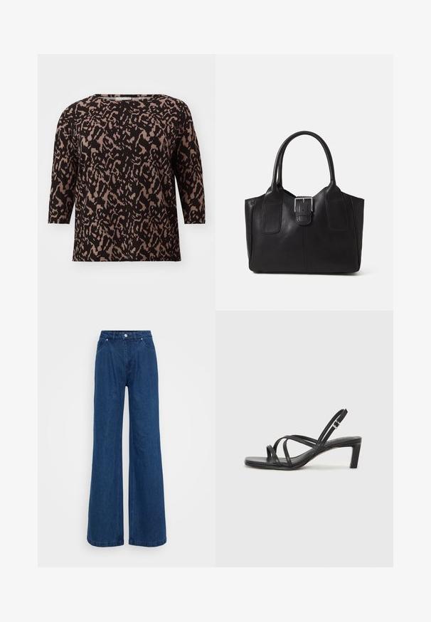 Fekete és bézs mintás felső, háromnegyedes ujjal, kerek nyakkivágással és laza szabással. Az anyag puha, textúrált megjelenésű.; Magas derekú, széles lábú kék farmernadrág, elülső gomb- és cipzárzárral, valamint elülső és hátsó zsebekkel, sima háttér előtt.; Fekete pántos szandál négyzetes orral és alacsony blokk sarkal. Több vékony pánttal és állítható boka pánttal rendelkezik. Sima bőrből készült.; Fekete bőr bevásárlótáska sima textúrával, strukturált formával, két fogantyúval és egy figyelemfelkeltő ezüst csattal az elején.