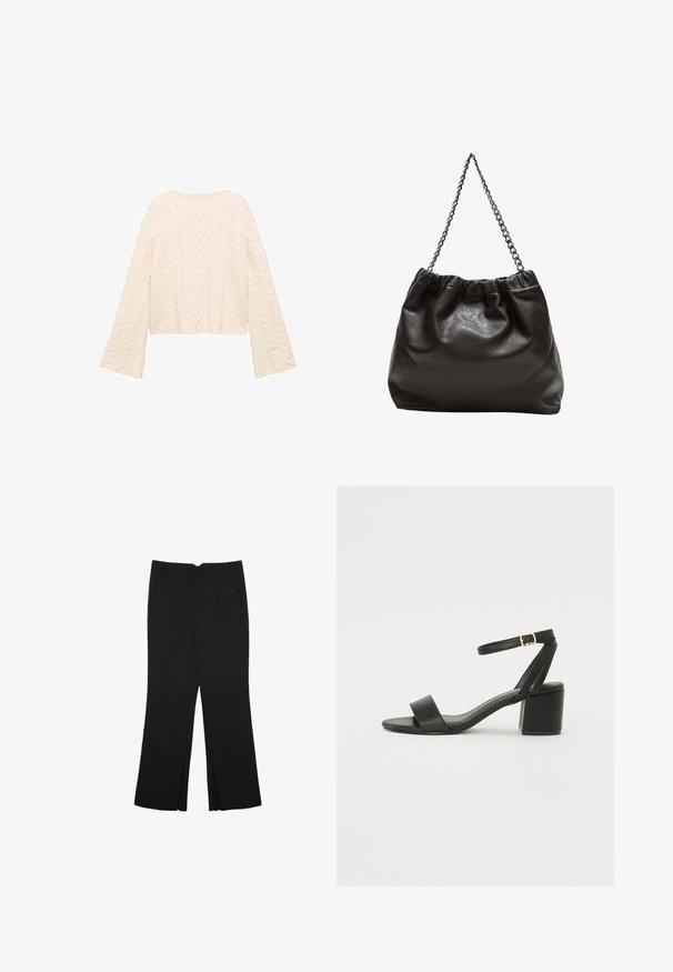 Maglione cable-knit crema con design corto e maniche a campana, caratterizzato da motivi a rilievo in tutto il capo. Materiale morbido e lavorato a maglia.; Pantaloni neri a gamba dritta, con tasche frontali e spacchi laterali all'orlo. Realizzati in tessuto morbido e liscio. Adatti a diverse occasioni.; Sandalo nero con tacco alto, caratterizzato da una tomaia in pelle liscia, punta aperta, ampie fasce frontali e cinturino a caviglia regolabile con un dettaglio in fibbia dorata.; Borsa in pelle marrone con parte superiore arricciata e tracolla a catena. Texture liscia con finitura lucida e dettagli di cucitura sottili sui lati.
