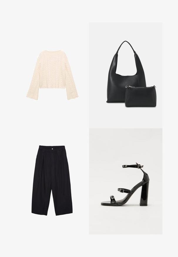 Kremasti pulover s pletenim uzorkom, skraćenog dizajna i proširenim rukavima, s teksturiranim uzorcima posvuda. Mekani, pleteni materijal.; Crne poliester hlače culotte s elastičnim pojasom, dva prednja nabora i širokim krojem. Nema vidljivih uzoraka ili metalnih detalja.; Crne lakirane sandale na pete sa kvadratnim nosom, trakama oko gležnja i srebrnim kopčama. Imaju čvrst blok petu za stabilnost.; Even&Odd Ručna torba - black