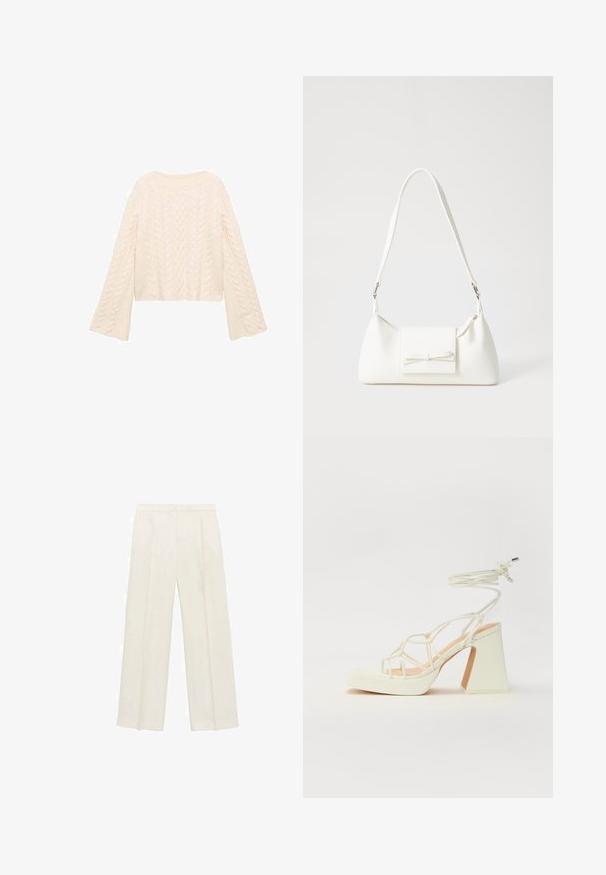 Cream cable-knit sweater with a cropped design and flared sleeves, featuring textured patterns throughout. Soft, knitted material.; Wide-legged trousers in a light cream color. Made from a smooth fabric with pleats at the front and side pockets.; White high-heeled sandal with a chunky heel, featuring a strappy design and ankle tie. Smooth texture with a platform front for added height.; White synthetic handbag with a triangular shape, flat front flap and bow detail, adjustable strap, smooth texture, and minimalistic design.