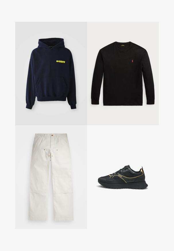 Marineblauwe hoodie met een voorzak en gele "MISBHV"-logo op de bovenste linkerborst, weergegeven op een witte achtergrond.; Zwarte longsleeve t-shirt van katoen. Heeft een ronde hals, ribgebreide manchetten en een klein rood geborduurd logo op de borst. Vlotte textuur.; Witte katoenen broek met een relaxte pasvorm, voorzien van voorkanten, gouden hardware-accenten en kniestukdetails.; Zwarte sneakers met gouden accenten, voorzien van een gladde synthetische bovenkant, gestructureerde panelen, ronde neus en een rubberen buitenzool met grip.