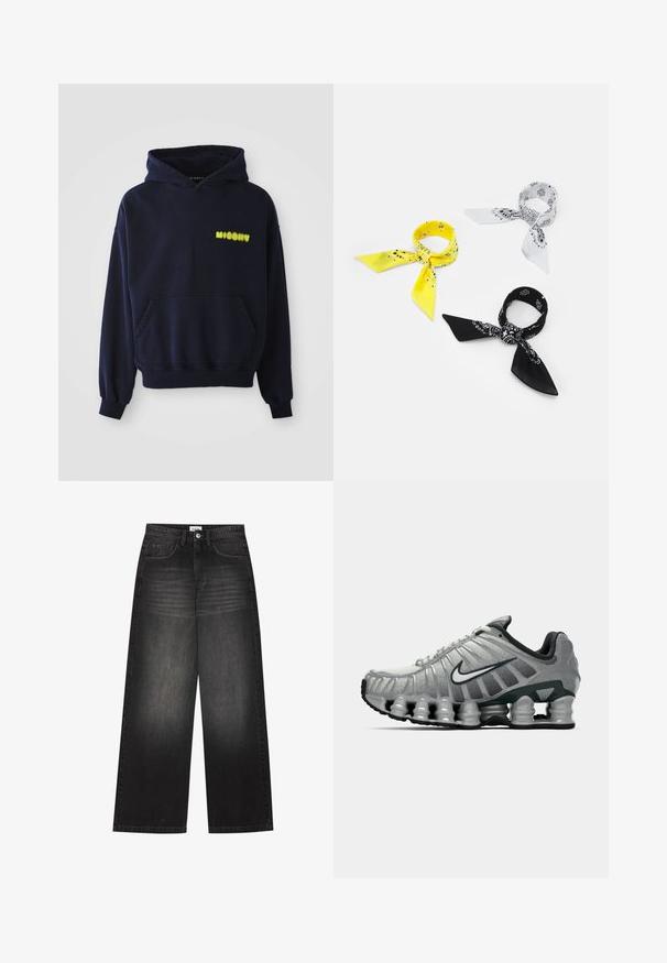 Felpa blu navy con tasca frontale e logo giallo "MISBHV" sul lato sinistro del petto, mostrata su sfondo bianco.; Canotta bianca in cotone con scollatura rotonda, spalline larghe e orlo dritto, caratterizzata da una superficie liscia e senza motivi visibili.; YOURTURN UNISEX - Jeans baggy - black denim; Scarpa da corsa Nike grigia e nera con ammortizzazione visibile a molla sotto la suola e logo swoosh bianco di lato.; Tre bandane: una gialla con motivi neri, una bianca con disegni neri e una nera con grafiche bianche. Tutte sono quadrate e in tessuto leggero.
