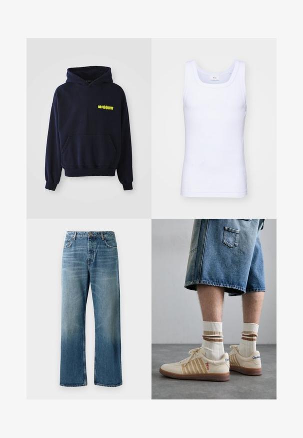 Temno modra kapuca z sprednjim žepom in rumenim logotipom "MISBHV" na zgornjem levem prsnem delu, prikazana na belem ozadju.; Bela bombažna brezrokavna majica s krošnjo, ki ima gladko teksturo in prilegajočo obliko, zasnovana za sproščeno nošenje.; Svijetloplave široke traperice s izbljeđenim pranjem, koje imaju zatvaranje na jedan gumb, pet džepova i kontrastnu šav.; Bežne retro teniske z rjavim gumijastim podplatom, ki imajo črtaste detajle in izvezene logotipe. Oblečene so z belimi nogavicami in črtastim rjavim detajlom.