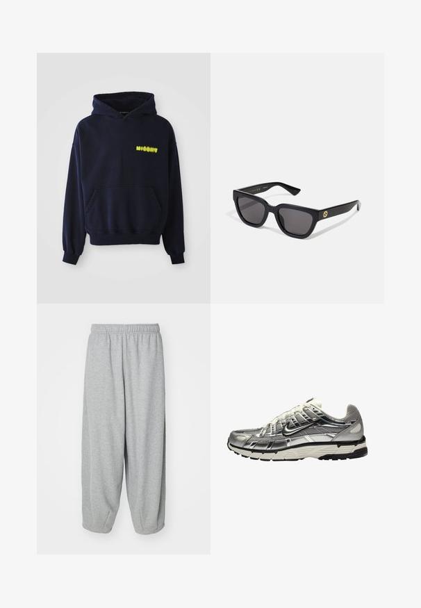 Navy blue hoodie with front pouch pocket and yellow "MISBHV" logo on the upper left chest, displayed on white background.; Light gray, loose-fitting sweatpants made of soft fabric. Elastic waistband and cuffs at the ankles. Simple and unadorned design.; Silver and black athletic shoe with a mesh and synthetic upper, voluminous design, and a textured finish. Features a padded collar and rubber sole.; Black rectangular sunglasses with a glossy finish, dark lenses, and gold hardware accent on the temple featuring the logo.