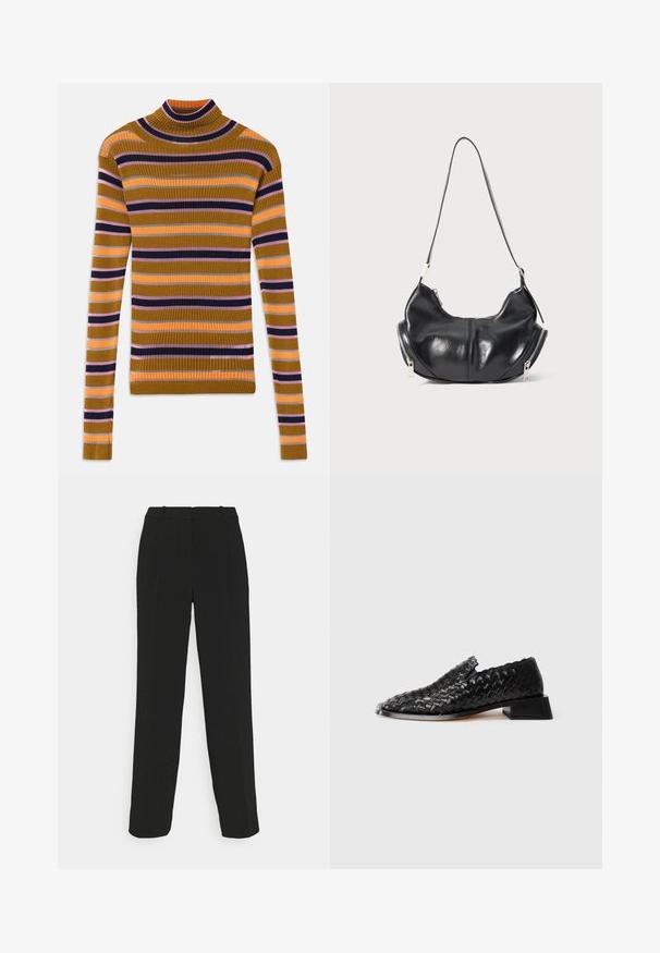 Pulover cu guler înalt, cu mânecă lungă, cu dungi orizontale în muștar, roz, portocaliu, negru și gri pe un fundal alb.; Pantaloni negri croiți, cu un design drept, prezentând o talie înaltă, pliseuri și o textură de material neted.; Pantofii negri din piele împletită, cu talpă joasă și detalii ondulate, expuși pe un fundal alb.; Geantă de umăr din piele neagră, în formă de semilună, cu fermoare argintii pe ambele părți și o singură curea.
