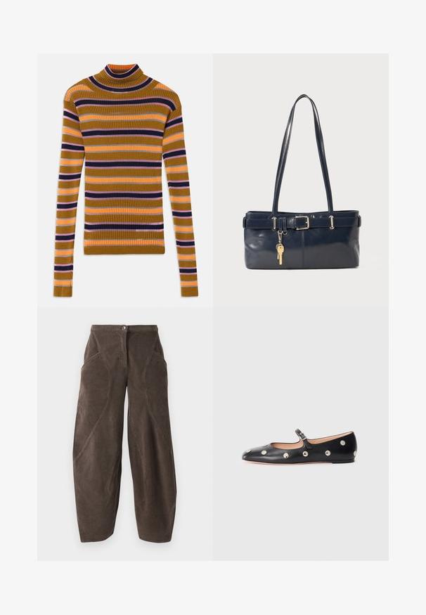 Ribbed long-sleeve turtleneck sweater with horizontal stripes in mustard, pink, orange, black, and gray on a white background.; Brown wide-leg corduroy pants with high waist, front button closure, and angled seam details on legs.; Black leather Mary Jane flat shoe with a rounded toe, featuring silver circular studs and an adjustable strap with a buckle.; Navy leather handbag with two long handles, a buckle detail, and a keychain attached. Features a smooth texture and a rectangular shape.