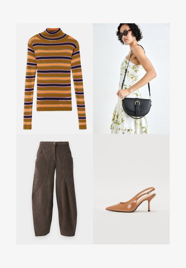 Ribbet langermet høyhalset genser med horisontale striper i sennep, rosa, oransje, svart og grått på hvit bakgrunn.; Brune vidde bukser i kordfløjl med høj talje, frontknaplukning og skrå sømdetaljer på benene.; Spiss tå slingback hæl i et glat, glinsende brunt materiale. Har et buet utskårent design og en slank stilett hæl. Sølvspenne detalj.; Svart lærveske med en buet form, avtagbar stropp og gullbeslag. Vesken har et klaff med spenne-detall.