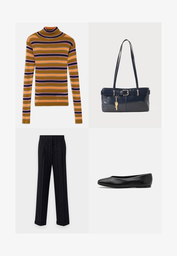 Sweter z długim rękawem typu golf z prążkowanej dzianiny, w poziome paski w kolorach musztardy, różu, pomarańczy, czerni i szarości na białym tle.; Czarne spodnie w paski w stylu tailored, z mankietami i fałdami z przodu. Wykonane z gładkiego materiału o strukturalnym fasonie.; Paul Smith TOPANGA czarny; Granatowa skórzana torebka z dwoma długimi uchwytami, detalem w postaci klamry oraz dołączonym breloczkiem. Charakteryzuje się gładką teksturą i prostokątnym kształtem.