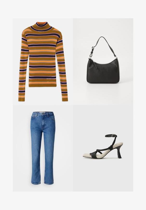 Csíkos, bordázott, hosszú ujjú garbós pulóver, mustár, rózsaszín, narancs, fekete és szürke színekkel, fehér háttéren.; Kék farmernadrág, egyenes lábakkal, klasszikus öt zsebes dizájnnal, narancssárga varrással és gombos záródással.; Fekete sarkú szandál fonott pánttal, négyzet alakú orral és állítható bokapánttal. Világos bézs talpbetét fényes fekete sarkával.; Fekete bőrtáska ívelt formával, egyetlen pánttal, cipzáras záródással és diszkrét logóval az elején. Simább textúra, minimalista dizájn.