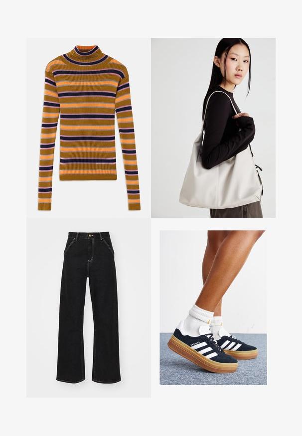 Ribbet langermet høyhalset genser med horisontale striper i sennep, rosa, oransje, svart og grått på hvit bakgrunn.; Svarte vide jeans laget av denim, med kontrasterende hvite sømmer og en frontknapplukking, samt to skrå frontlommer.; Svarte sneakers i semsket skinn med hvite striper og detaljer, rund tå, yttersåle i gummigummi, kombinert med hvite ribbestrikkede crew-sokker.; Beige håndveske laget av mykt materiale, med en slapp design, sydd detaljer og to skulderstropper. Passer for daglig bruk.