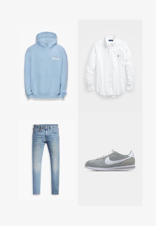 Lichtblauw hoodie gemaakt van stof met een zachte textuur. Heeft een voorzak, geribbelde zoom en een wit geborduurd 'Dropsize' logo.; Witte lange mouwen overhemd van katoen. Voorzien van een klassiek kraag, knopenmanchetten en een klein marineblauw geborduurd logo op de borst.; Lichtblauwe slim-fit jeans met een lichte vervaging op de dijen, knoopsluiting aan de voorkant, riemlussen en vijf-pocket styling op een witte achtergrond.; Grijze sportschoen met een bovenwerk van suede en textiel, witte Nike swoosh en witte veters. Heeft een gestructureerde rubberen zool en een gevoerde schacht.