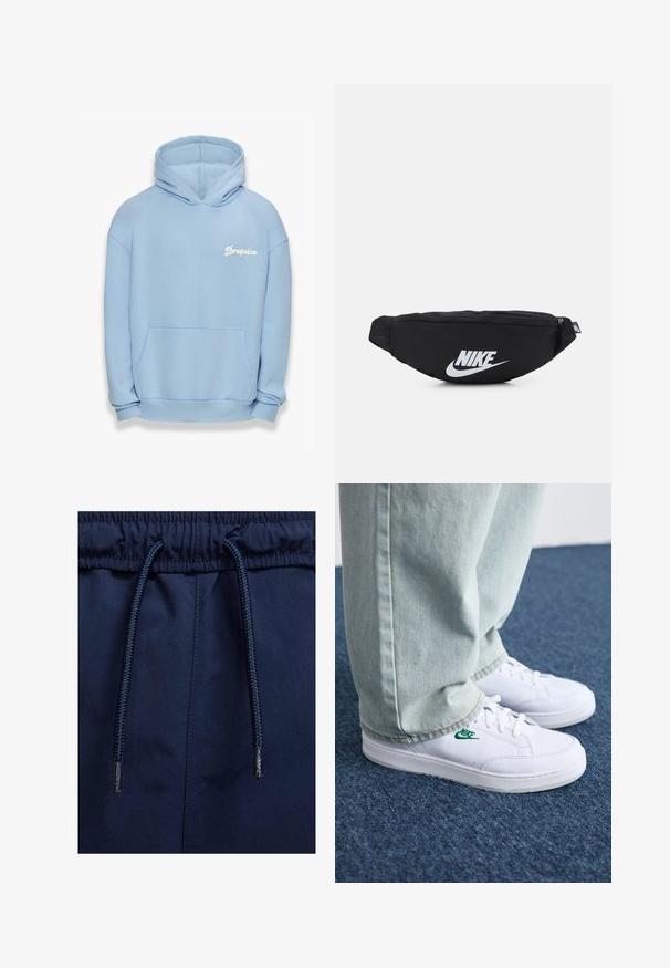 Jasnoniebieska bluza z kapturem wykonana z materiału o miękkiej fakturze. Posiada przednią kieszeń, ściągacze u dołu oraz białe wyszywane logo "Dropsize".; Granatowe szorty zakładane na gumce, z teksturowanym sznurkiem i gładkim materiałem.; Białe skórzane sneakersy z zielonym logo Nike, okrągły czubek, płaska podeszwa, zestawione z jasnoniebieskimi dżinsami, pokazane na niebieskim dywanie.; Czarna nylonowa nerka z zamkiem błyskawicznym, z dużym białym logo Nike. Gładka tekstura i ergonomiczny design dla komfortowego noszenia.