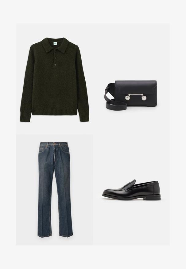 Pullover lavorato a maglia di colore verde scuro con colletto, apertura a quattro bottoni, tessuto strutturato, polsini e orlo a coste, che offre un aspetto accogliente.; T-shirt blu navy a maniche corte con scritta bianca "neanche per sogno" centrata sul petto, colletto girocollo, taglia media.; Jeans in denim blu scuro a gamba dritta con bottone frontale, zip, doppie tasche anteriori e pieghe verticali visibili lungo le gambe.; Mocassini neri in pelle con una texture liscia, punta arrotondata e una striscia decorativa sulla tomaia. Tacco basso impilato, design minimalista.; Borsa a tracolla in pelle nera con chiusura a patta, hardware in tonalità argento e due accenti tondi. Dotata di una tracolla removibile. Texture liscia.