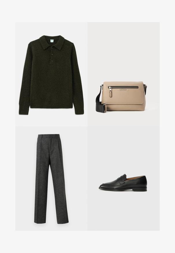 Mørkegrønn strikket genser med krage, fire knappestolper, teksturert stoff, ribbestrikkede mansjetter og nederkant, som gir et koselig utseende.; Grå skreddersydde bukser laget av teksturert stoff, med to frontpleater og rette ben. Ingen synlige lommer eller dekorasjoner.; Svart skinnloafer med rund tå, subtilt sydd detaljering og lav hæl, med en glatt tekstur og minimalistisk design.; Beige lærcrossbody veske med tekstur, featuring en frontlomme med glidelås og justerbar svart stropp. Logo vist foran.
