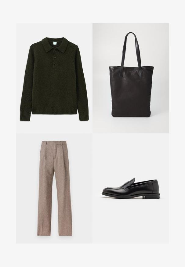 Dark green knit pullover with a collar, four button placket, textured fabric, ribbed cuffs and hem, offering a cozy appearance.; Brown, high-waisted trousers made of textured fabric. Features wide legs and two front pleats for structure. Neat finish with no visible hardware.; Black leather loafers with a smooth texture, rounded toe, and a decorative strap across the vamp. Low stacked heel, minimalist design.; Black canvas tote bag with black leather handles. Simple design, spacious body, and a smooth texture. No visible logos or patterns.