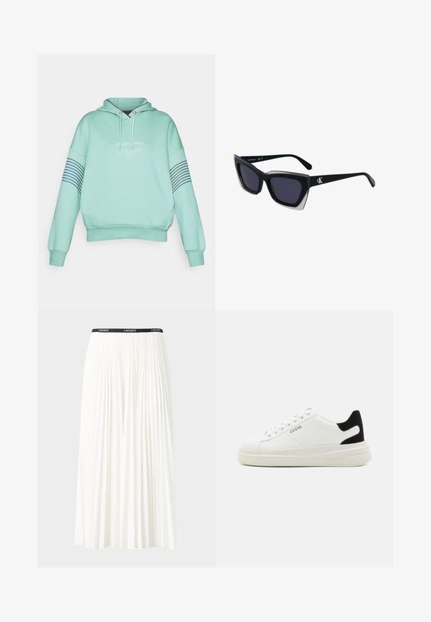 Mentolová mikina s kapucí na stažení, žebrovanými manžetami a logem na přední straně. Na rukávech má námořnické horizontální pruhy.; Záhybová bílá sukně s černým elastickým pasem s logem "LACOSTE". Suška je střední délky a má jemnou texturu.; Bílé kožené tenisky s tlustou bílou podrážkou, černým semišovým akcentem na patě a vyraženým logem na boku. Šněrovací design se šesti očka.; Černé oversized sluneční brýle geometrického tvaru, s tmavými skly a kontrastním šedým detailem na rámu. Logo na rameni.