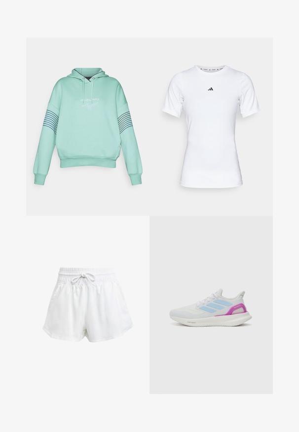 Minta zaļa kapuce ar auklu, ribota piekļaušanās un logo uz priekša. Piedurknēm ir tumši zila horizontāla svītra.; Balts sporta krekls ar īsām piedurknēm, izgatavots no gludas, elastīgas auduma. Uz krūšu ir neliels melns Adidas logo.; Baltas sporta šorts ar elastīgu jostu un regulējamu auklu. Izgatavoti no viegla materiāla, ar sānu kabatām un brīvu piegriezumu.; adidas Performance PUREBOOST 5 - Apavi skriešanai pa asfaltu - white/glow blue/purple burst