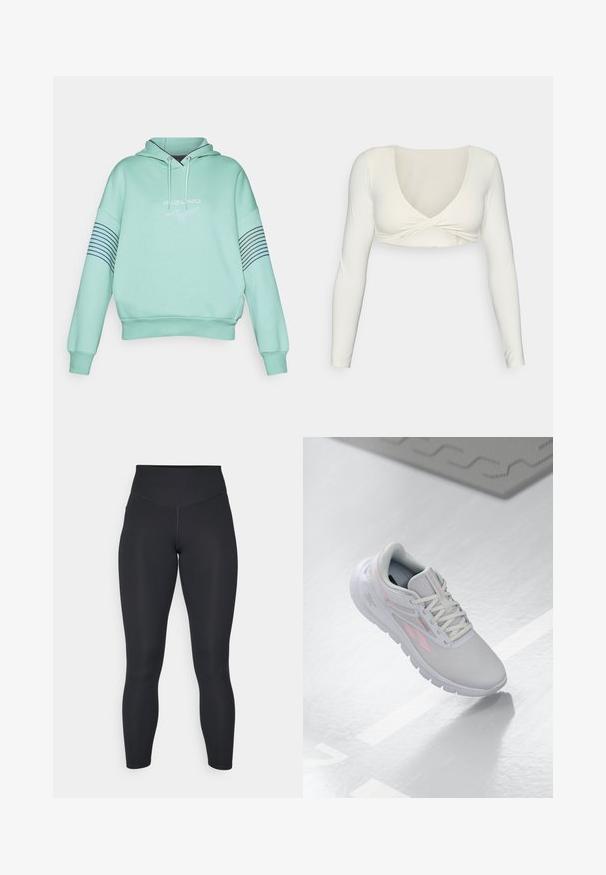 Sudadera verde menta con capucha ajustable, puños acanalados y un logo en la parte delantera. Presenta rayas horizontales en color marino en las mangas.; Top corto de manga larga blanco con un escote en V profundo y diseño delantero retorcido, fabricado con una tela lisa y elástica.; Leggings negros de cintura alta, con textura suave y diseño ajustado. Cuentan con costuras planas y cobertura completa sin patrones.; Zapatilla deportiva de color gris claro con acentos en rosa, parte superior de malla, punta redondeada, suela acolchada y cierre con cordones. La superficie es lisa y reflectante.