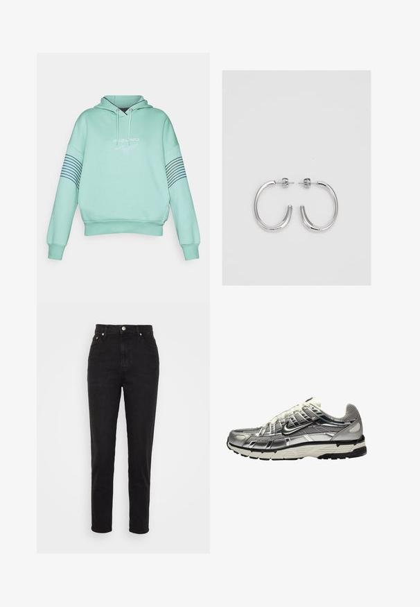 Felpa verde menta con cappuccio regolabile, polsini a coste e logo sul davanti. Presenta strisce orizzontali blu navy sulle maniche.; Jeans neri a vita alta slim-fit con bottone frontale, passanti per cintura e design a cinque tasche su sfondo bianco.; Scarpa atletica argento e nera con tomaia in mesh e sintetico, design voluminoso e finitura testurizzata. Presenta un colletto imbottito e suola in gomma.; Orecchini a cerchio in argento con una finitura liscia e lucente. Forma arrotondata, design leggero, con chiusura a perno.