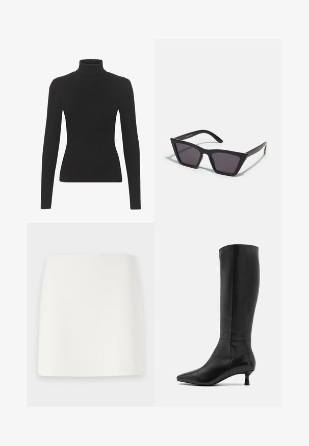 Sort turtleneck-top lavet af ribbet stof, med lange ærmer og en tætsiddende silhuet. Glat tekstur med diskret skulderdetalje.; Hvid, tætsiddende miniskørt med en glat tekstur og rene linjer. Ingen synlige mønstre eller hardware. Lige kant i bunden.; Zign Høje støvler/ Støvler - black; Sorte, kantede solbriller med grå linser; lavet af plast, med tykke stænger med en glat overflade og ingen synlig hardware.; Sort ruskinds clutchtaske med lynlås og aftagelig håndledsrem. Har guldfarvet hardware og en glat, mat tekstur.