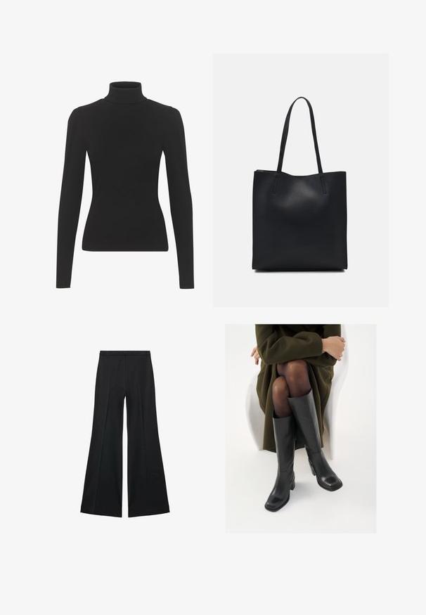 Čierny rolák vyrobený z rebrovanej tkaniny, s dlhými rukávmi a priliehavým strihom. Hladká textúra s jemnými detailmi na pleciach.; Čierne široké nohavice s hladkou textúrou, s prednými záhybmi a elegantným strihom. Materiál je ľahký a pruhlý.; Čierne kožené čižmy po kolená so štvrtým prstom a blokovým opätkom, zobrazené s modelom sediacim v olivovo zelenej bunde. Hladká textúra, minimálne detaily.; Čierna kožená taška na rameno s hladkým povrchom, obdĺžnikovým tvarom a dvoma dlhými uchami. Bez viditeľného kovania alebo ozdôb.