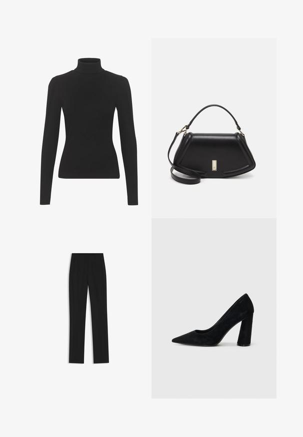 Czarna bluzka z golfem, wykonana z prążkowanej tkaniny, z długimi rękawami i dopasowanym krojem. Gładka faktura z delikatnym detalem na ramionach.; Czarne spodnie o dopasowanym kroju z prostymi nogawkami, z przednimi kieszeniami i gładką, teksturowaną tkaniną. Schludne, minimalistyczne wykończenie.; Czarne zamszowe szpilki z ostrym noskiem i masywnym obcasem. Smukły design, gładka faktura i minimalistyczny styl. Brak widocznej marki.; Czarna skórzana torebka o strukturalnym designie, z przyciętą formą, górnym uchwytem i złotymi akcentami. W zestawie regulowany pasek na ramię.
