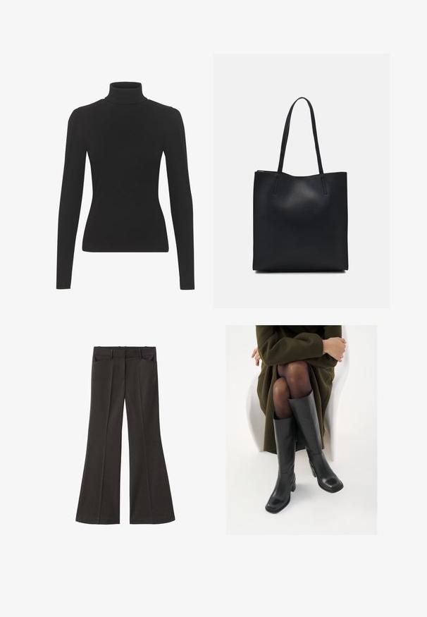 Tricou negru cu guler înalt, realizat dintr-un material texturat, având mâneci lungi și o siluetă ajustată. Textură netedă cu detalii subtile la umeri.; Pantaloni evazați negri, cu talie înaltă; au două buzunare frontale și o textură de stofă netedă. Potriviți pentru diverse ocazii.; Cizme din piele neagră, până la genunchi, cu vârf pătrat și toc bloc, prezentate pe un model așezat într-o haină verde măsline. Textură netedă, detalii minime.; Geantă tote neagră din piele, cu textură netedă, formă rectangulară și două mânere lungi. Fără hardware vizibil sau ornamente.