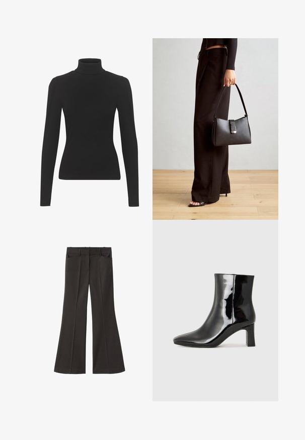 Zwarte coltrui gemaakt van ribbelstof, met lange mouwen en een getailleerde silhouet. Zachte textuur met subtiele schouderdetails.; Zwarte flared broek met een hoge taille; beschikt over twee voorkeurszakken en een gladde stoftextuur. Geschikt voor verschillende gelegenheden.; Zwarte gepolijste leren enkellaars met een spitse neus en een blokhak van gemiddelde hoogte. Glad textuur en minimalistisch ontwerp.; Zwarte handtas met gestructureerde vorm, gladde textuur en een metalen sluiting. Gecombineerd met brede zwarte broeken en sandalen met open teen op een houten vloer.