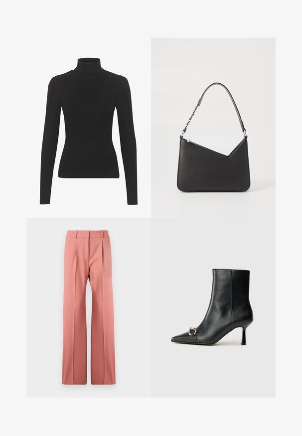 Crni turtleneck top od rebraste tkanine, s dugim rukavima i prilagođenim siluetom. Glatka tekstura s suptilnim detaljima na ramenima.; Ružičaste hlače širokih nogavica napravljene od glatkog materijala, s prednjim plisama, visokim pojasom i čistim krojem bez vidljivih džepova.; Crne kožne gležnjače s nazupčanim prstom, uskim srednje visokim potpeticama i detaljem srebrne kopče sa strane na jedinstvenoj pozadini.; Crna kožna torba u obliku trokuta, s tankim remenom i srebrnim detaljima. Ima zatvaranje na patentni zatvarač i utisnutu oznaku na prednjoj strani.