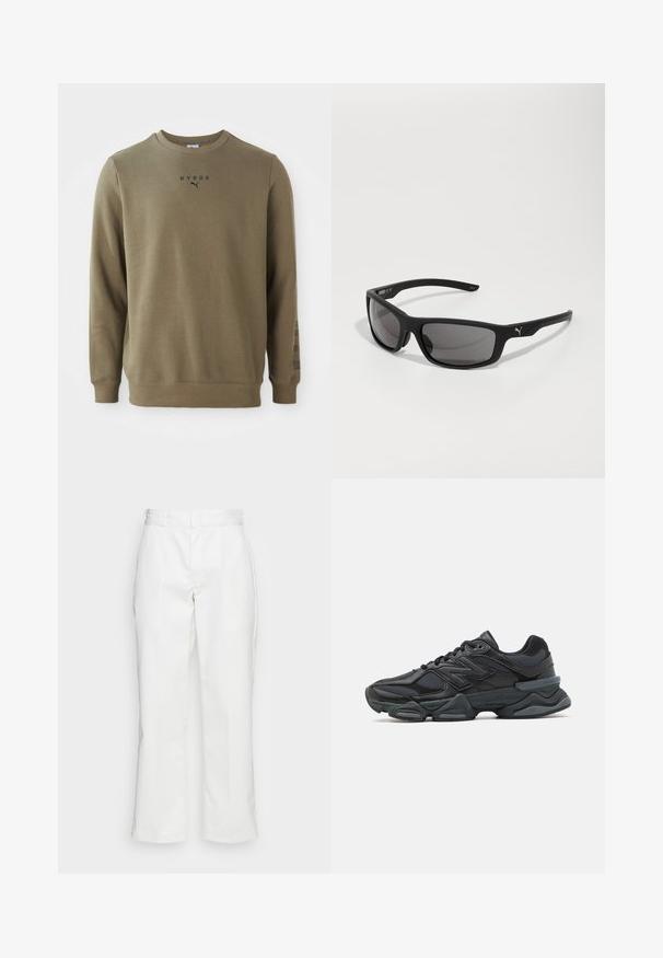 Olíva zöld kapucnis pulóver bordás kerek nyakkivágással, puha tapintással, fekete "HYROX" logóval és szöveges díszítéssel az ujjakon.; Fehér pamut nadrág, egyenes szabással, övhurkokkal és oldalzsebekkel, sima textúrával és minimalista részletezéssel.; Fekete futócipő, mely háló és szintetikus anyagok keverékéből készült, vastag talppal, ívelt kialakítással és hangsúlyos logóval az oldalon.; Fekete napszemüveg matt felülettel, téglalap alakú lencsékkel és hangsúlyos logóval a szárakon. Polarizált lencsék, UV védelem.