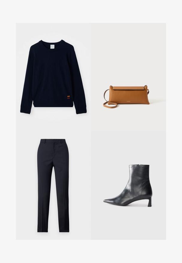 Granatowy sweter z długim rękawem i okrągłym dekoltem, z ribbowymi mankietami i dołem, z małą, kolorową, paskowaną łatką w pobliżu dolnej krawędzi.; Granatowe spodnie dopasowane o prostym kroju, o gładkiej fakturze, z dwoma przednimi kieszeniami i czystym pasem.; Czarne skórzane botki sięgające kostki z ostrym noskiem i eleganckim designem. Posiadają niski obcas oraz zamek błyskawiczny z tyłu. Gładka faktura.; Brązowa skórzana torebka kopertówka, prostokątny kształt, teksturowana powierzchnia, odczepiany pasek, zamek błyskawiczny, delikatne logo wytłoczone z przodu.