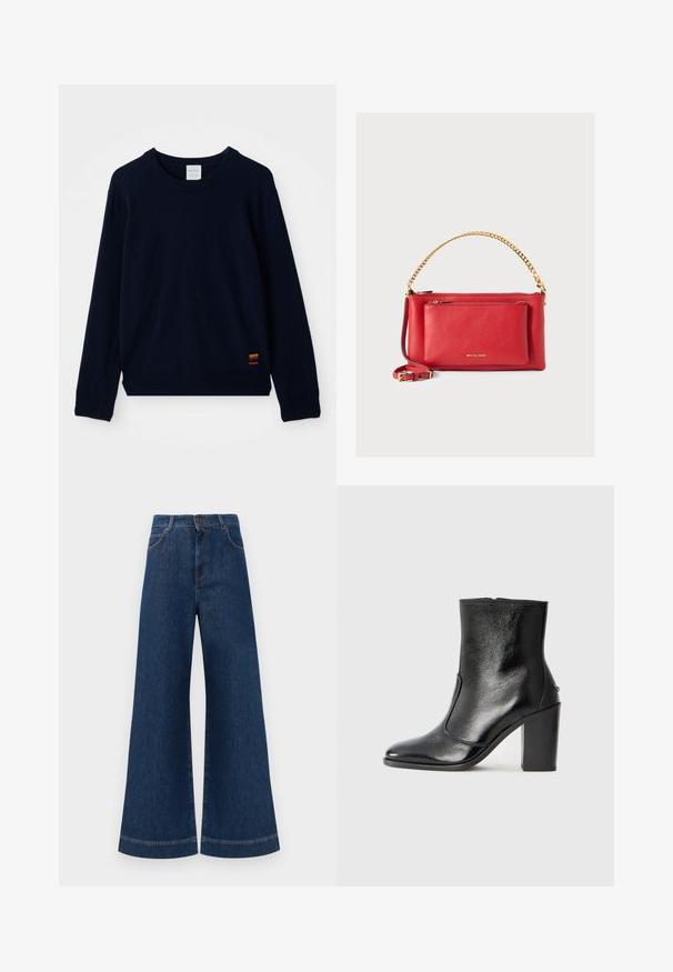 Tumši zils garām piedurknēm kreklu džemperis ar ribotiem piedurknēm un apakšmalu, ar mazu daudzkrāsainu svītrotu uzlīmi tuvāk apakšai.; Plati ziladenim bikses ar augstu jostasvietu, kas aprīkotas ar pogas aizdari, jostu cilpām un nelieliem šuvju detalizējumiem ap kabatām un malām.; Melnas ādas potīšu zābaki ar gludu tekstūru, smailu purngalu un masīlu augstu papēdi. Iekļauts sānu atvērums un minimālistisks dizains.; Sarkans ādas rokassomu ar teksturētu apdari, zelta ķēdi un siksnu, priekšējo rāvējslēdzēja kabatu un iegrieztu logo. Kompakts un strukturēts dizains.