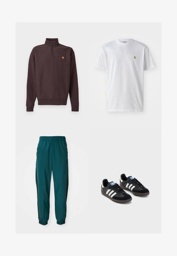 Dark brown, zip-neck sweatshirt in soft fabric with long sleeves. Features a small yellow and red logo on the chest. Elastic cuffs and hem.; White cotton t-shirt with short sleeves, crew neck, featuring a small gold logo on the left chest area. Soft texture and regular fit.; Teal athletic pants with a drawstring waist, elastic cuffs, and side black stripes. Made of lightweight fabric, featuring a logo near the hip.; Black sneakers with a suede and synthetic upper, featuring three white stripes, textured rubber sole, and blue logo tag on the tongue.