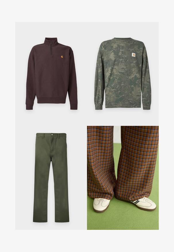 Tumepruun pehme kangaga lukuga kaelusega pusa, millel on pikad varrukad. Rinnal väike kollane ja punane logo. Elastsed mansetid ja ääris.; Rohelise ja pruuni tooniga pikkade varrukatega maskirovkatriiksärk, millel on vasakul rinnal väike ruudukujuline Carhartti logomärk.; Õliverohelised püksid vastupidavast kangast, sirgete säärtega, esitaskute ja nööpkinnisega. Sile tekstuur.; Pruunide ja siniste ruuduliste laiad püksid, mille juurde on kombineeritud valged kingad mustade aktsentidega ja tekstuursete taldadega, roheline taust.