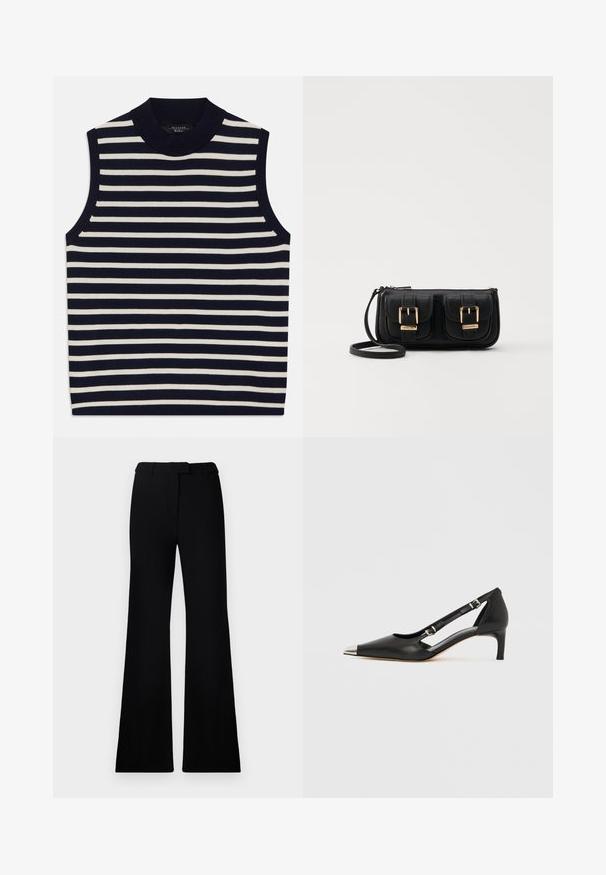 Majica bez rukava s uspravnim mornarsko plavim i krem prugama, rebrastim okruglim izrezom, mekanim pletivom, čistim rubovima i modernim dizajnom.; Crne široke hlače s glatkom teksturom, krojenim pojasom i prednjim džepovima, dizajnirane s elegantnim, modernim siluetom.; Crni kožni kitten heel s nazubljenim srebrnim vrhom i dvostrukim remenčićima na bijeloj pozadini.; Crna kožna torba preko ramena s dva prednja džepa, zlatnim kopčama, zatvaranjem na zip i uskim remenom. Teksturirana površina i kompaktan pravokutan oblik.