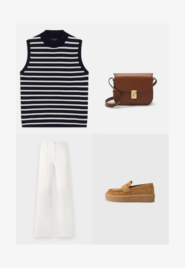 Bez piedurknēm, ar vertikālām tumši zila un krēma svītrām, ribota apkakle, mīksts adījuma materiāls, gludas malas un mūsdienīgs dizains.; Baltas, augsto jostasvietu platās kājas džinsi, izgatavoti no denima. Iekļauj pogu aizdari, divas priekšējās kabatas un sānu šuves ar šuvju detaļām.; Brūni zamšādas loafers ar apaļu purngalu, ar ribotu platformas zoli un dekoratīvu siksnu pāri augšdaļai.; Bordo ādas rokas soma ar atloku, zeltītām detaļām, plecu siksnu un gludu virsmu. Kompakta, taisnstūrveida forma.