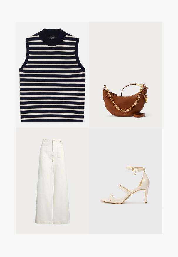 Ärmelloses Oberteil mit vertikalen marineblauen und cremefarbenen Streifen, geripptem Rundhalsausschnitt, weichem Strickmaterial, sauberen Kanten und modernem Design.; Weite Jeans aus off-white Denim. Hoch tailliertes Design mit Knopfverschluss, zwei Fronttaschen und kontrastierenden Stickdetails.; Beige High Heels Sandalen mit dünnem Knöchelriemen und zwei oberen Riemen. Glänzende Lackoberfläche und goldene Hardware-Details am Knöchelriemen.; Braune Lederhandtasche mit geschwungenem Design, goldener Kettenriemen, Innentasche und abnehmbarem Schulterriemen. Mit kontrastierenden Nähten.