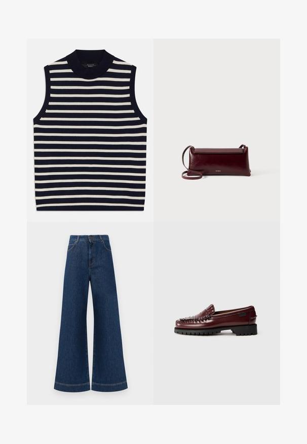 Ujjatlan felső, függőleges sötétkék és krém csíkokkal, bordázott környakkal, puha kötött anyagból, letisztult széllel és modern dizájnnal.; Magas derekú, széles lábú kék farmernadrág, gombos záródással, övhurkokkal és diszkrét varrási részletekkel a zsebeknél és a szegélyeknél.; Burgundi bőr mokaszin, texturált felülettel, díszes szegecsekkel az elején és tartós fekete gumitalppal.; Burgundi bőr keresztbody táska sima textúrával, téglalap alakú, fedeles záródással és vékony, állítható pánttal. Arany logó részlet látható.
