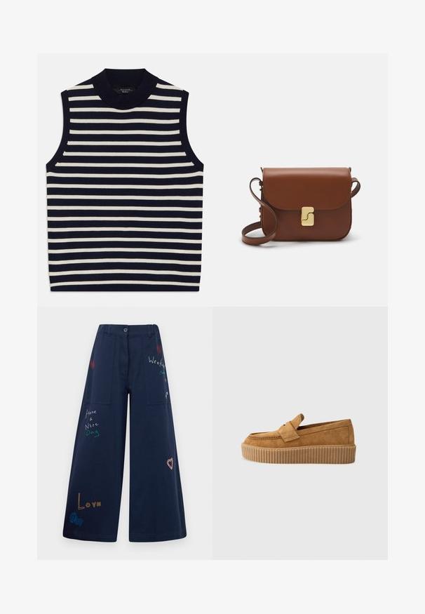 Sleeveless top featuring vertical navy and cream stripes, ribbed crew neck, soft knit material, clean edges, and modern design.; Navy blue wide-leg pants in cotton with multiple pockets. Features colorful embroidered text and graphics including hearts and playful phrases.; Brown suede loafer with a round toe, featuring a ribbed platform sole and a decorative strap across the upper.; Brown leather handbag with a flap closure, gold-tone hardware, a shoulder strap, and a smooth texture. Compact rectangular shape.