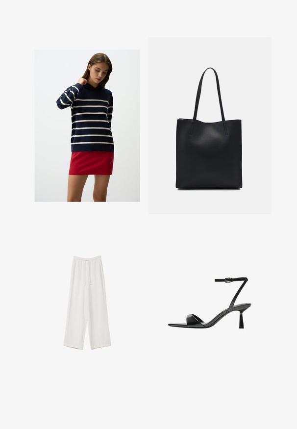 Maglione a righe blu navy con righe bianche e cappuccio, abbinato a una mini gonna rossa; tessuto morbido, vestibilità rilassata e maniche lunghe.; Pantaloni a gamba larga bianchi realizzati in un tessuto leggero. Presentano una vita elastica con cordoncino e tasche laterali. Texture liscia.; Bershka Sandali con tacco - black; Borsa tote in pelle nera con texture liscia, forma rettangolare e due manici lunghi. Nessun hardware o decorazione visibile.