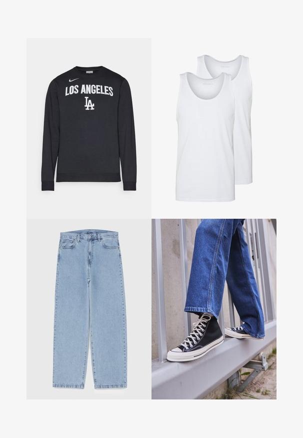 Melna garuma piedurkņu sporta krekls, kas izgatavots no kokvilnas maisījuma, ar baltu uzrakstu "LOS ANGELES" un "LA". Ribotās piedurkņu un apakšmalas. Nike logo uz pleca.; Balenie baltas kokvilnas t-kreklu ar noapaļotu dekoltē, ar gludu tekstūru. Izlikti divi gabali, apzīmēti ar "PIER ONE."; Gai zila džinsu bikses ar taisnu kāju dizainu, kas piedāvā vidēju vidukļa augstumu, piecas kabatas un pogas un rāvējslēdzēja aizdari.; Melnas augstas kedas ar baltu zoli un auklām, apvienotas ar brīvām zilām džinsām, atpūšoties uz pelēka margotā balsta.