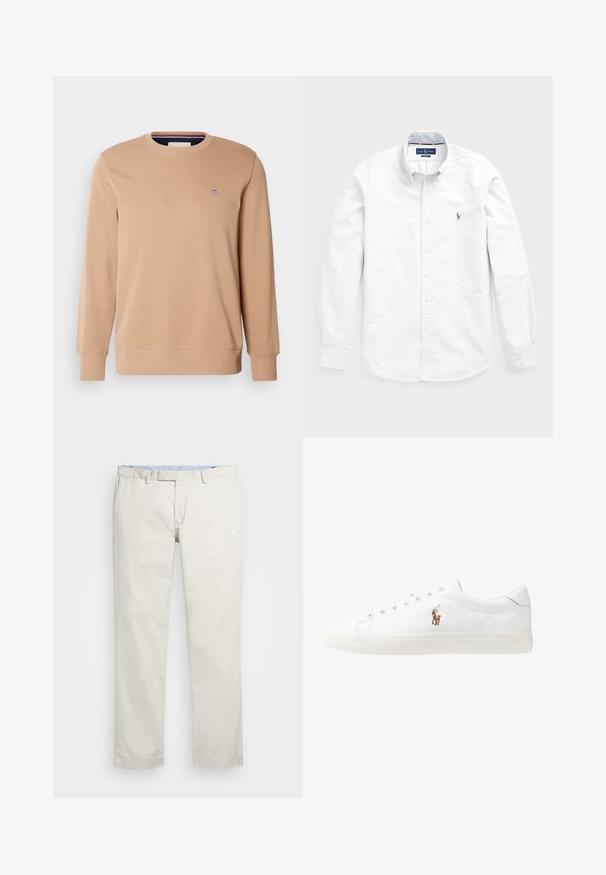 GANT SHIELD C NECK - Sweatshirt - warm khaki; White long-sleeve button-up shirt made of cotton. Features a spread collar, button closure, and a small embroidered logo on the chest.; Beige cotton chinos with a flat front, belt loops, and side pockets. Straight-leg design with a smooth texture and a light, breathable feel.; White leather sneakers, low-top design, featuring a smooth texture, round toe, laced front, and a small embroidered logo on the side.