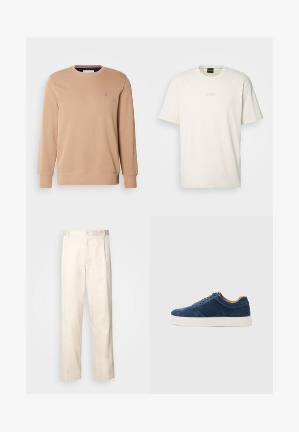 GANT SHIELD C NECK - Mikina - warm khaki; BOSS TEE - Jednoduché tričko - open white; Bežové bavlněné kalhoty se střihy rovného nohavice, s knoflíkovým zapínáním a záhyby vpředu pro zvýraznění detailu.; Modré semišové tenisky s bílou gumovou podrážkou, šněrovací design, zaoblená špička a kontrastní hnědý vnitřek. Jemné detaily šití.