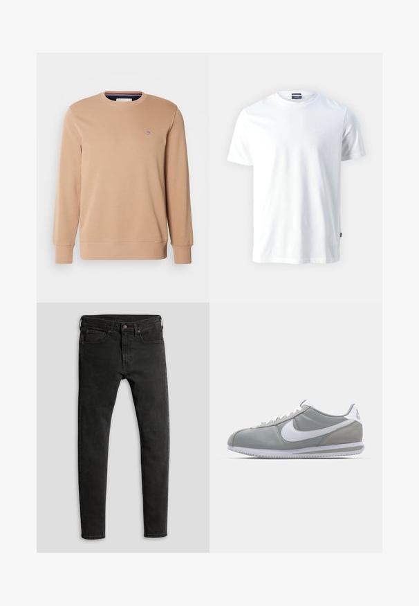 GANT SHIELD C NECK - Sweatshirt - warm khaki; White cotton crewneck T-shirt with short sleeves, featuring a subtle embossed "Joop!" logo on the chest and a straight hem.; Skinny black denim jeans with a matte finish, five-pocket design, and a classic button-and-zip fly closure.; Gray athletic shoe with a suede and textile upper, white Nike swoosh, and white laces. Features a textured rubber sole and padded collar.