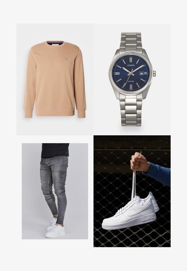 GANT SHIELD C NECK - Felpa - warm khaki; Jeans skinny in denim grigio sbiadito, con dettagli strappati sulle ginocchia, abbinati a sneakers bianche. Texture liscia, design slim fit.; Sneakers in pelle bianca con perforazioni, punta rotonda, suola piatta e lacci spessi, con logo swoosh visibile e "AIR" sul tallone.; Orologio da polso in acciaio inossidabile argento con quadrante blu navy, indici metallici e finestra della data alle 3. Resistente all'acqua fino a 50 metri.